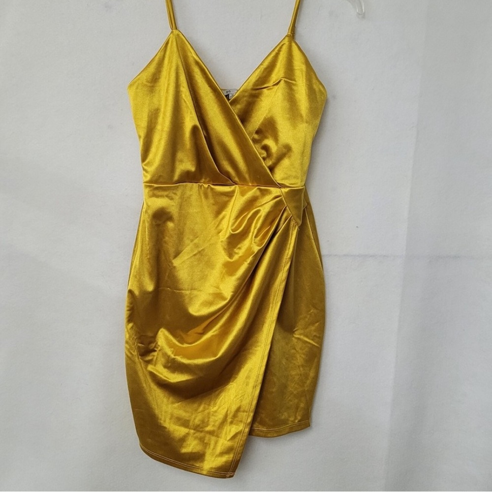 Blashe Dress sz L Mustard Gold‎ Metallic Spaghetti Strap Bodycon Mini Faux Wrap